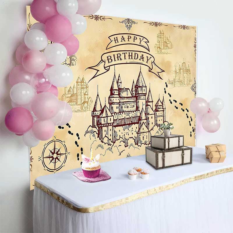 Lofaris Wizard School of Magic Birthday Backdrop Vintage Castle and Footprints Banner Fantasy Movie Theme Party Supplies