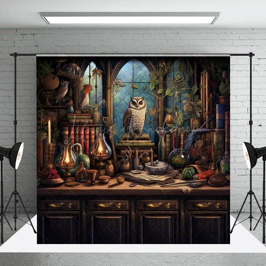 Lofaris Wizard’s Study with Owl Photography Backdrop Magical Potions and Books Desk Fantasy Halloween Photo Shoots