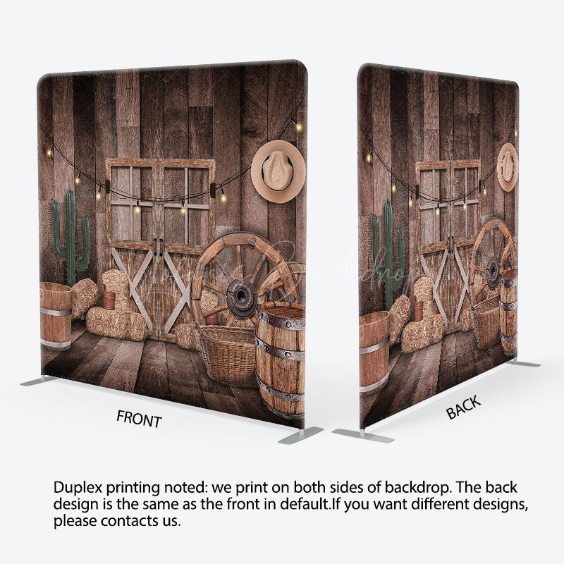 Lofaris Wood Barn Cowboy Christmas Tension Fabric Backdrop