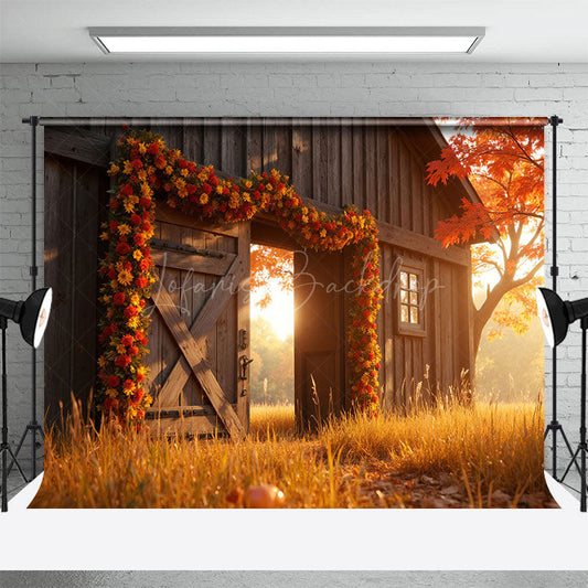 Lofaris Wood Barn Floral Maple Tree Autumn Photo Backdrop