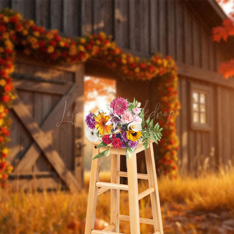 Lofaris Wood Barn Floral Maple Tree Autumn Photo Backdrop