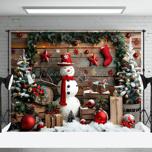 Lofaris Wood Board Snowman Christmas Baubles Photo Backdrop