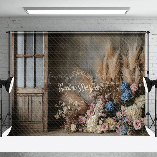 Lofaris Wood Door Boho Floral Reed Wedding Photo Backdrop