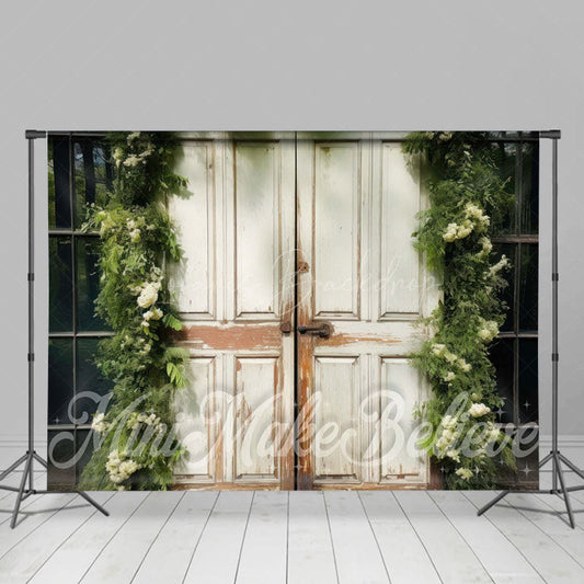 Lofaris Wood Door Greenery Floor Tiles Combo Set Backdrop