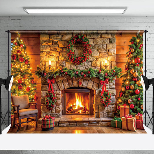Lofaris Wood Wall Bricks Fireplace Wreath Christmas Backdrop