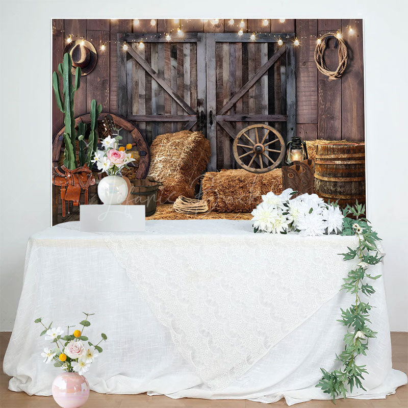 Lofaris Wooden Barn Door Lighted Cowboy Birthday Backdrop