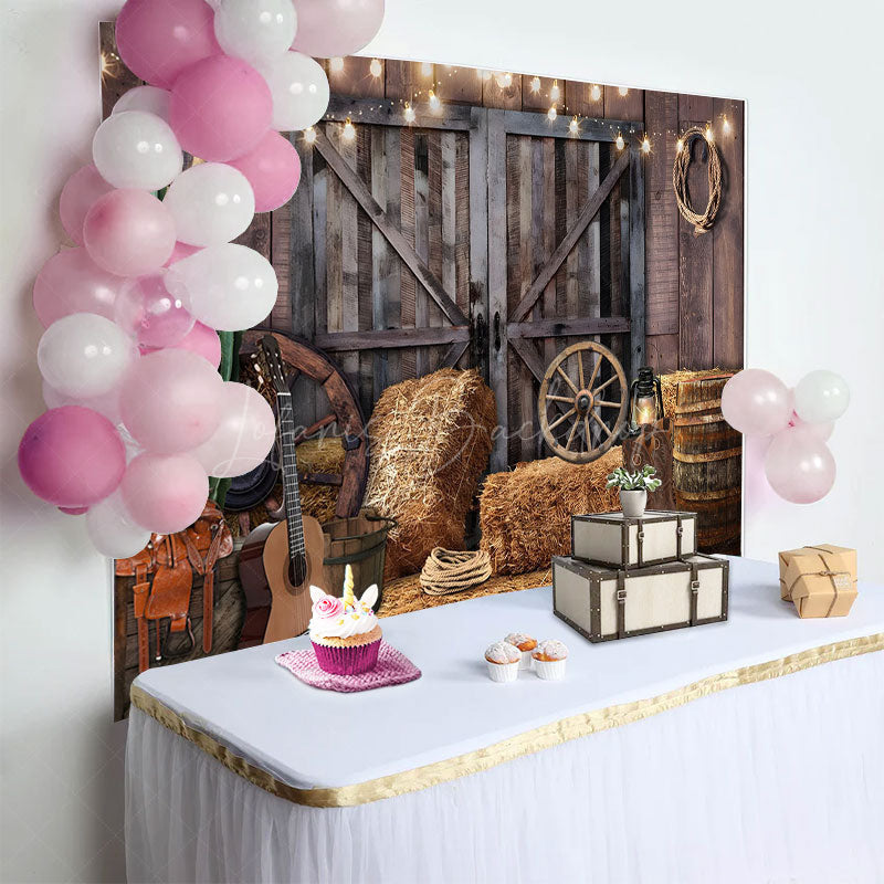 Lofaris Wooden Barn Door Lighted Cowboy Birthday Backdrop