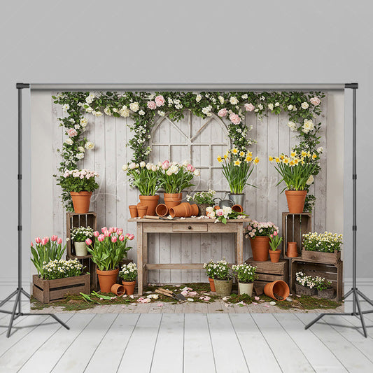 Lofaris Wooden Board Planting Tulips Floral Spring Backdrop