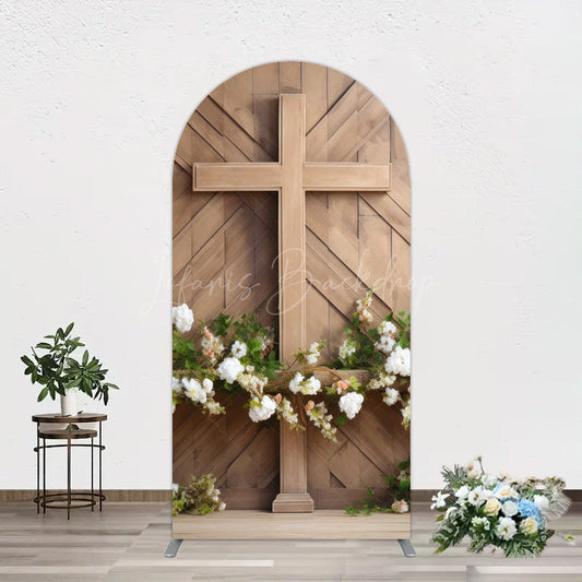 Lofaris Wooden Cross White Floral Spring Easter Arch Backdrop