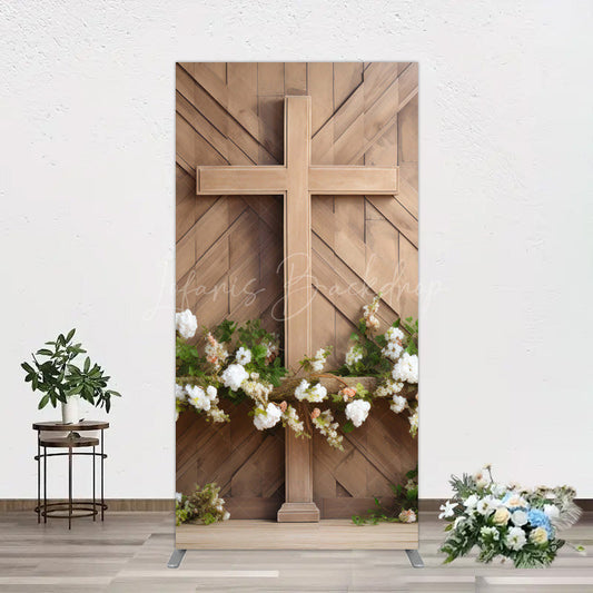 Lofaris Wooden Cross White Floral Spring Easter Rectangle Backdrop
