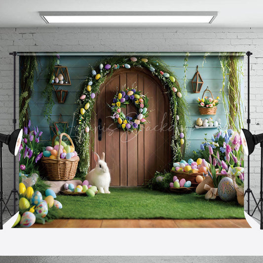 Lofaris Wooden Door Colorful Eggs Bunny Easter Photo Backdrop