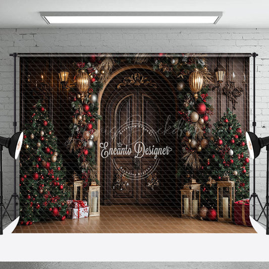 Lofaris Wooden Door Golden Lantern Baubles Christmas Backdrop