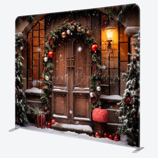Lofaris Wooden Door Plants Bells Xmas Tension Fabric Backdrop