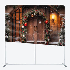 Lofaris Wooden Door Plants Bells Xmas Tension Fabric Backdrop