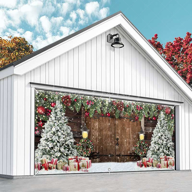 Lofaris Wooden Door Snowy Christmas Vibe Garage Banner