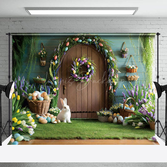 Lofaris Wooden Door Wall Eggs Bunny Easter Photo Backdrop