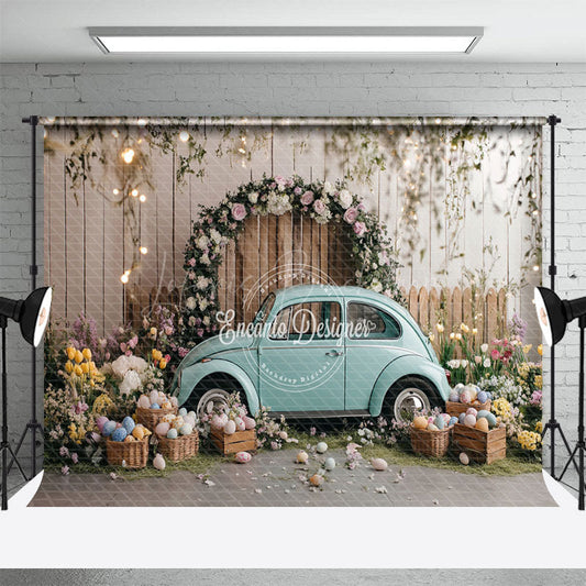 Lofaris Wooden Fence Eggs Blue Car Easter Photo Backdrop
