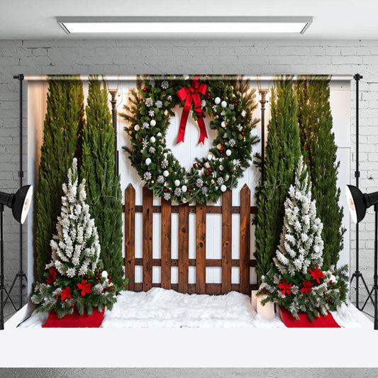 Lofaris Wooden Fence Wreath Christmas Tree Photo Backdrop