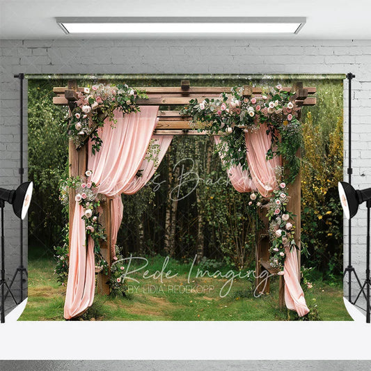Lofaris Wooden Garden Arbor with Pink Drapes Backdrop Spring Floral Wedding Arch Background for Bridal Shower