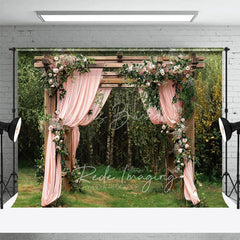Lofaris Wooden Garden Arbor with Pink Drapes Backdrop Spring Floral Wedding Arch Background for Bridal Shower