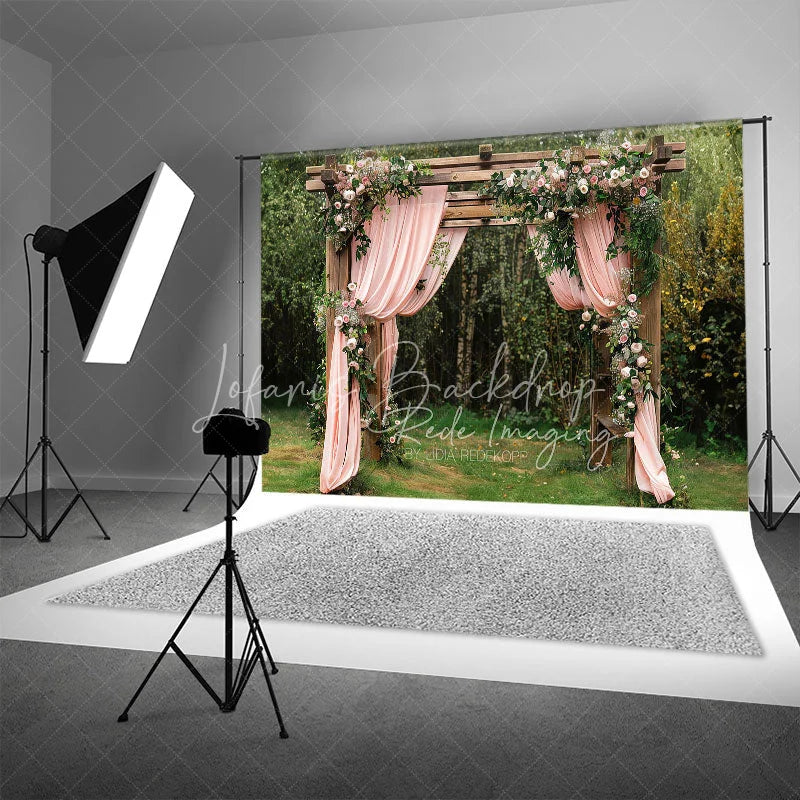Lofaris Wooden Garden Arbor with Pink Drapes Backdrop Spring Floral Wedding Arch Background for Bridal Shower