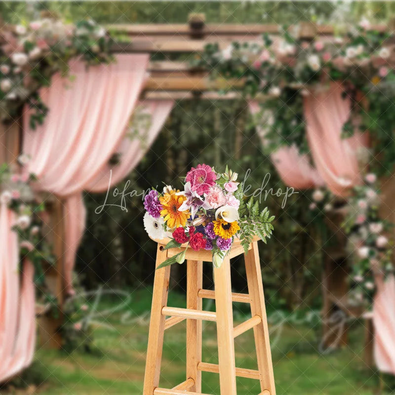 Lofaris Wooden Garden Arbor with Pink Drapes Backdrop Spring Floral Wedding Arch Background for Bridal Shower