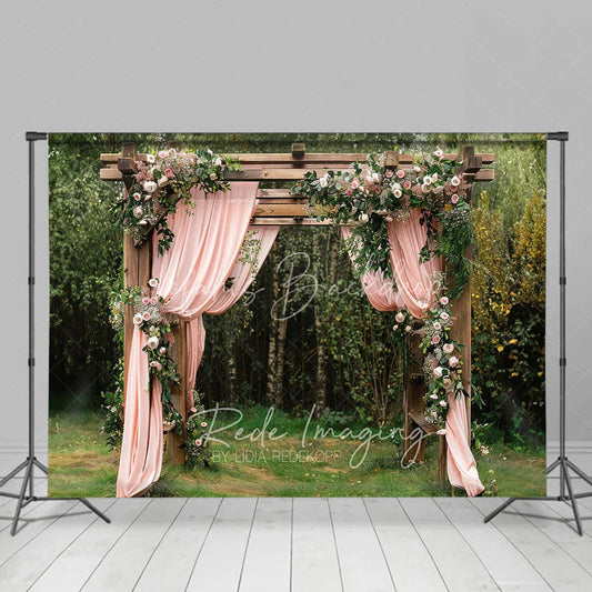 Lofaris Wooden Garden Arbor with Pink Drapes Backdrop Spring Floral Wedding Arch Background for Bridal Shower