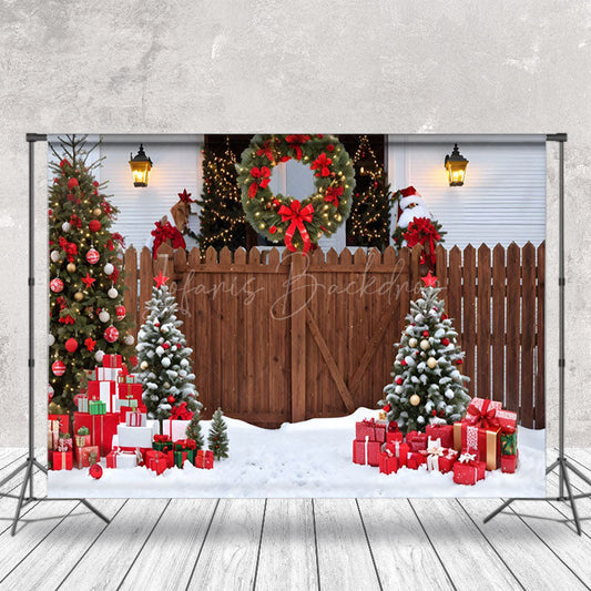 Lofaris Wooden Garden Fence Snowy Scene Christmas Backdrop