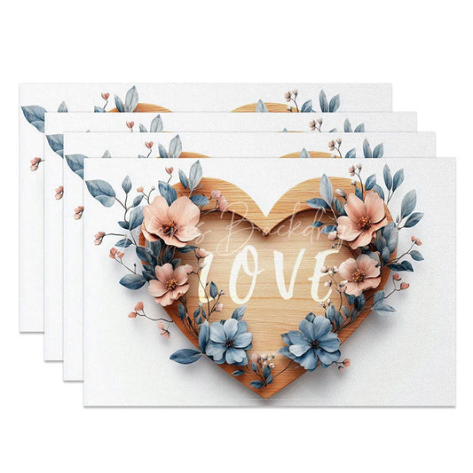 Lofaris Wooden Heart Love Sign Set of 4 Placemats Pink Floral Valentine Decoration Rustic Blue Leaf Table Mat