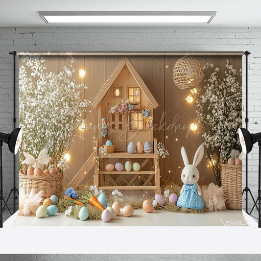 Lofaris Wooden House Bunny Eggs Floral Easter Photo Backdrop