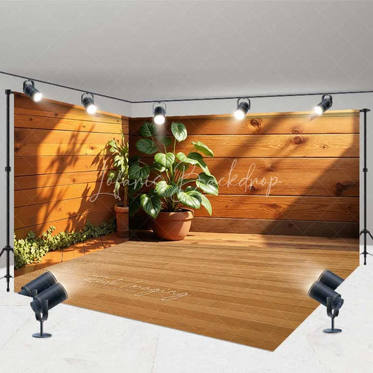 Lofaris Wooden Interior Room Set Backdrop Sunlit Green Plant Potted Corner Photography Background Home Studio Decoration
