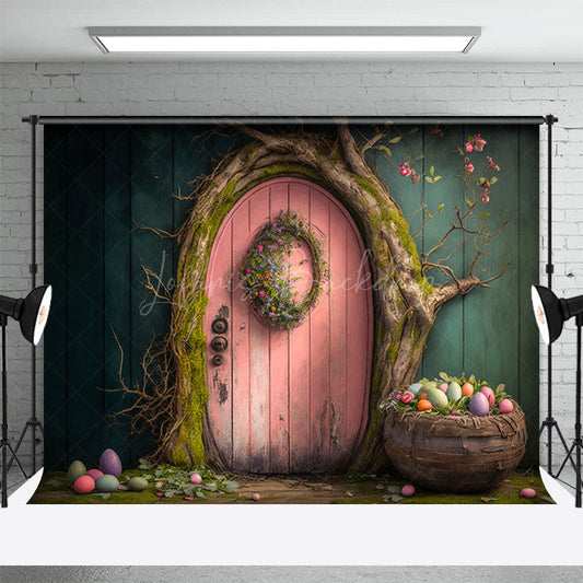 Lofaris Wooden Pink Door Tree Basket Eggs Easter Backdrop