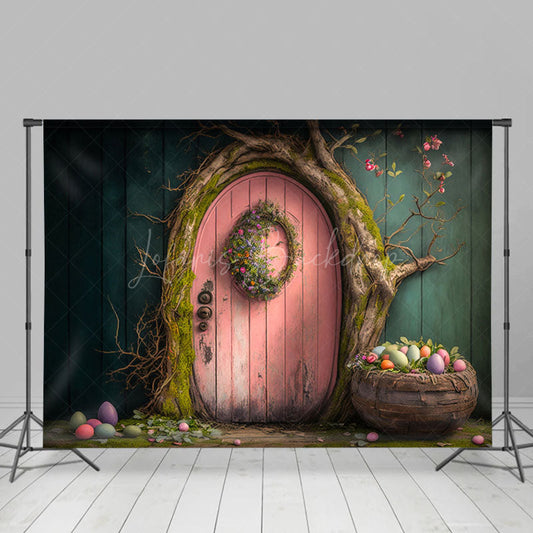 Lofaris Wooden Pink Door Tree Basket Eggs Easter Backdrop