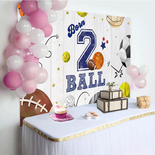 Lofaris Wooden Wall Sports Born 2 Ball Boys Birthday Backdrop