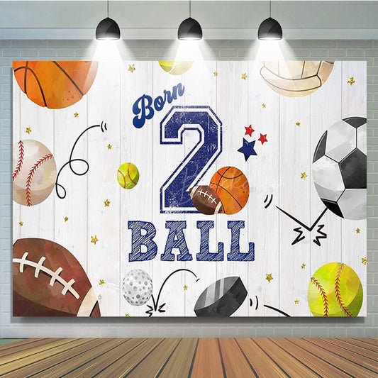 Lofaris Wooden Wall Sports Born 2 Ball Boys Birthday Backdrop