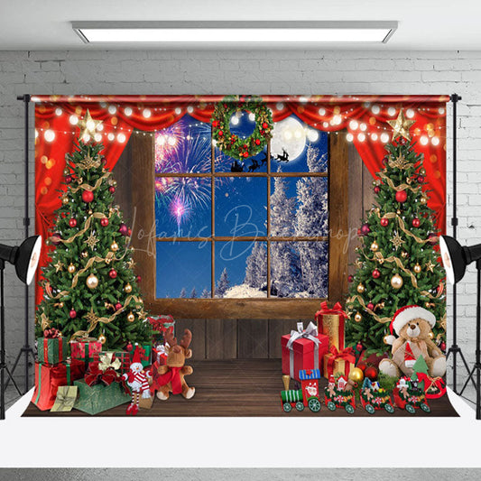 Lofaris Wooden Window Christmas Tree Night Photo Backdrop