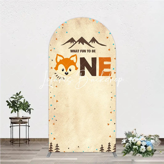 Lofaris Woodland Fox First Birthday Round Top Arch Backdrop Rustic Mountain Adventure Party Decor for What Fun