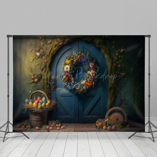 Lofaris Wreath Blue Arch Door Basket Eggs Easter Backdrop