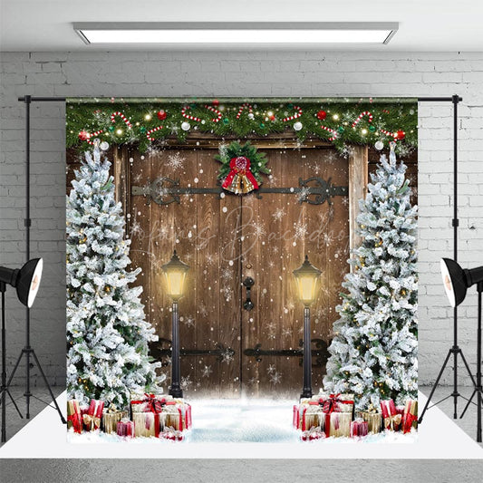 Lofaris Xmas Tree Retro Wooden Door Snowy Christmas Backdrop
