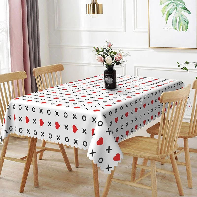 Lofaris XOXO Hugs and Kisses Rectangle Tablecloth Black Cross Red Heart Playful Valentine Dining Decor