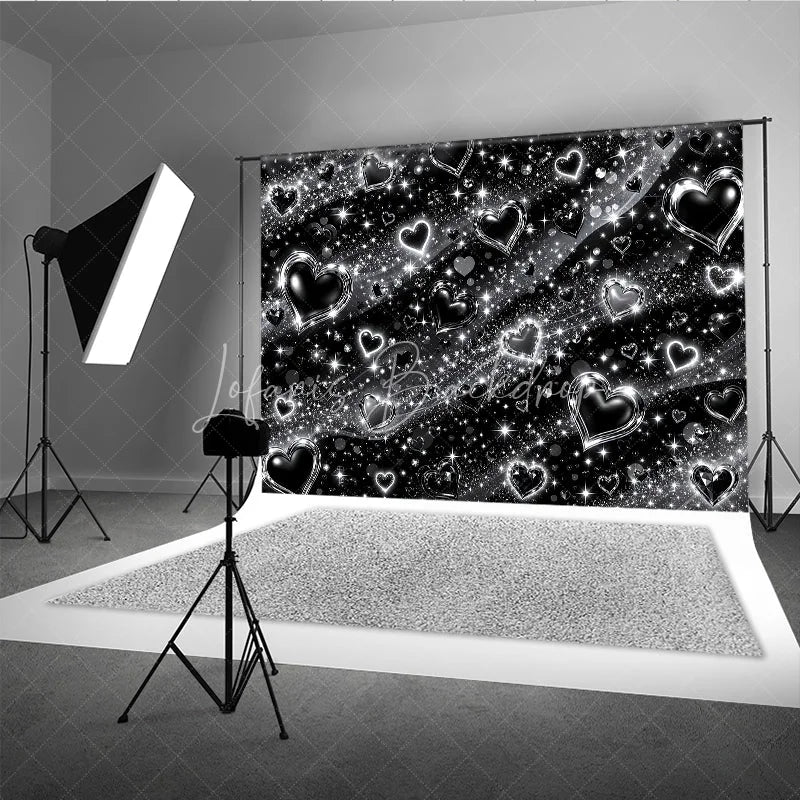 Lofaris Y2K Black and Silver Glitter Hearts Sparkling Holiday Backdrop Glamorous Celebration Party Decor