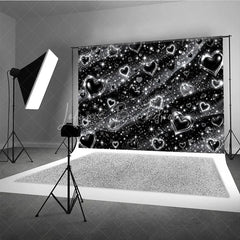 Lofaris Y2K Black and Silver Glitter Hearts Sparkling Holiday Backdrop Glamorous Celebration Party Decor