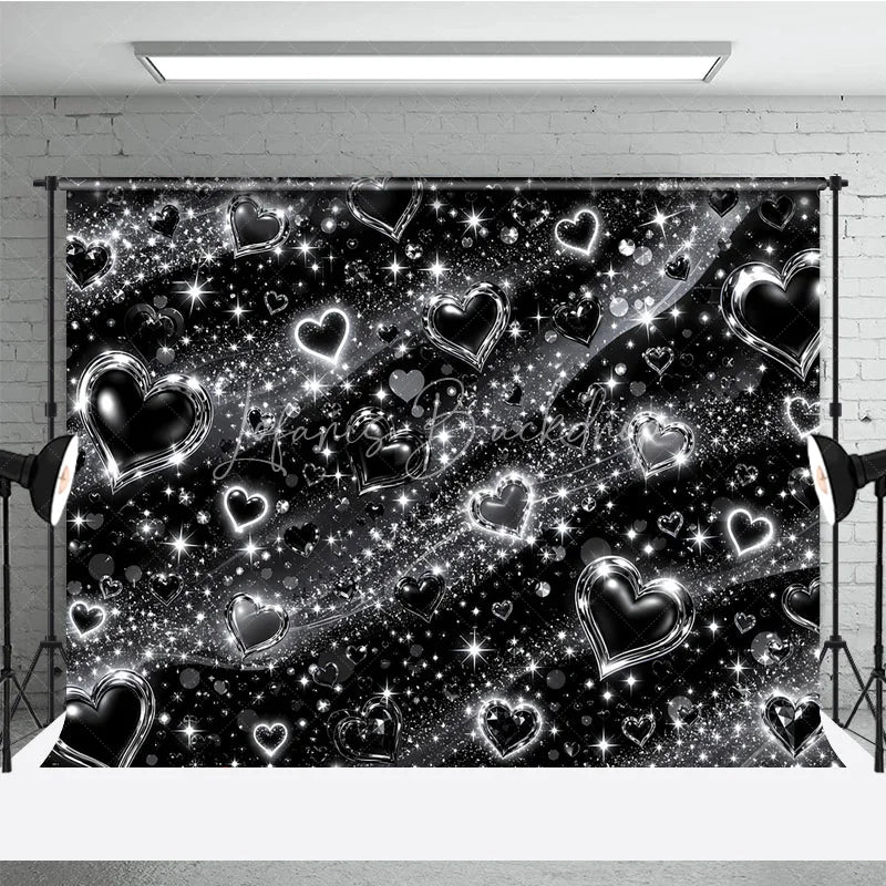 Lofaris Y2K Black and Silver Glitter Hearts Sparkling Holiday Backdrop Glamorous Celebration Party Decor