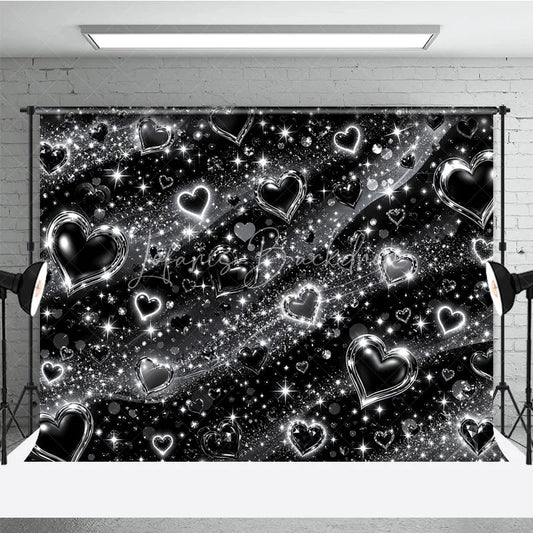 Lofaris Y2K Black and Silver Glitter Hearts Sparkling Holiday Backdrop Glamorous Celebration Party Decor