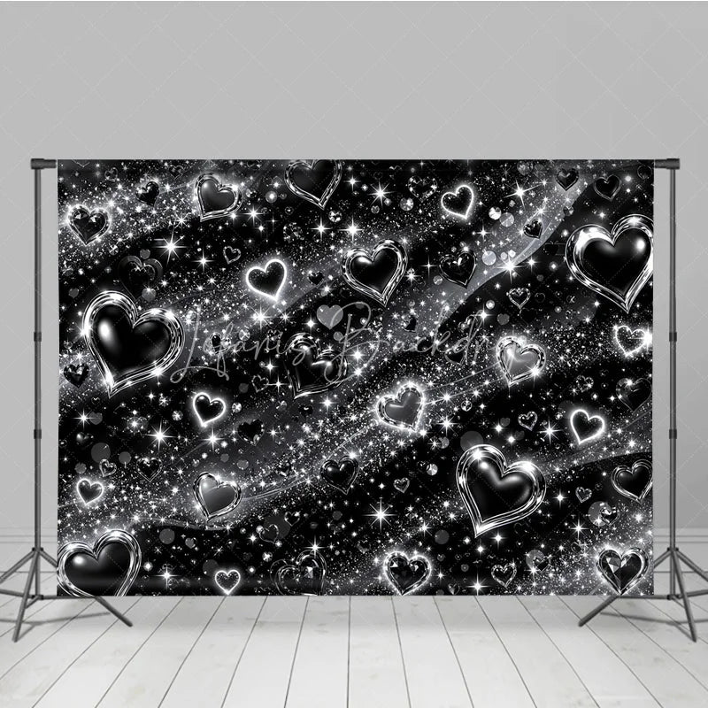 Lofaris Y2K Black and Silver Glitter Hearts Sparkling Holiday Backdrop Glamorous Celebration Party Decor