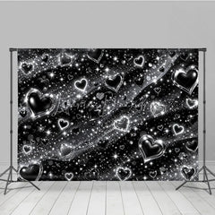 Lofaris Y2K Black and Silver Glitter Hearts Sparkling Holiday Backdrop Glamorous Celebration Party Decor