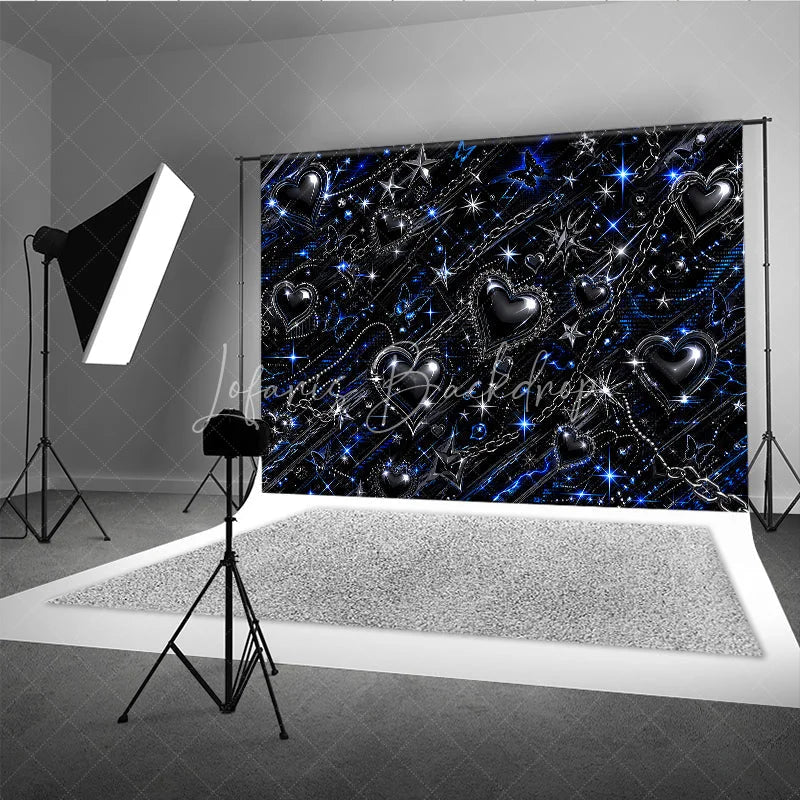 Lofaris Y2K Black Blue Silver Metallic Sparkling Hearts Stars Butterflies Chain Holiday Backdrop Edgy Gothic Glam Party Decor