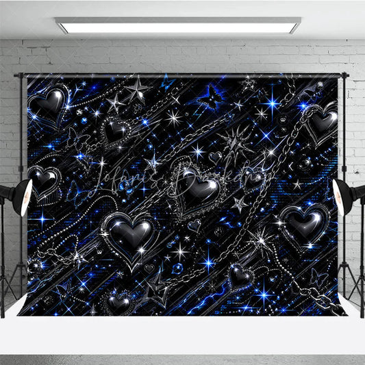 Lofaris Y2K Black Blue Silver Metallic Sparkling Hearts Stars Butterflies Chain Holiday Backdrop Edgy Gothic Glam Party Decor