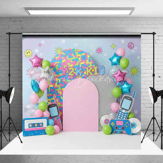 Lofaris Y2K Kid Retro Aesthetic Backdrop Colorful Pattern and Tech for Birthday Cake Smash
