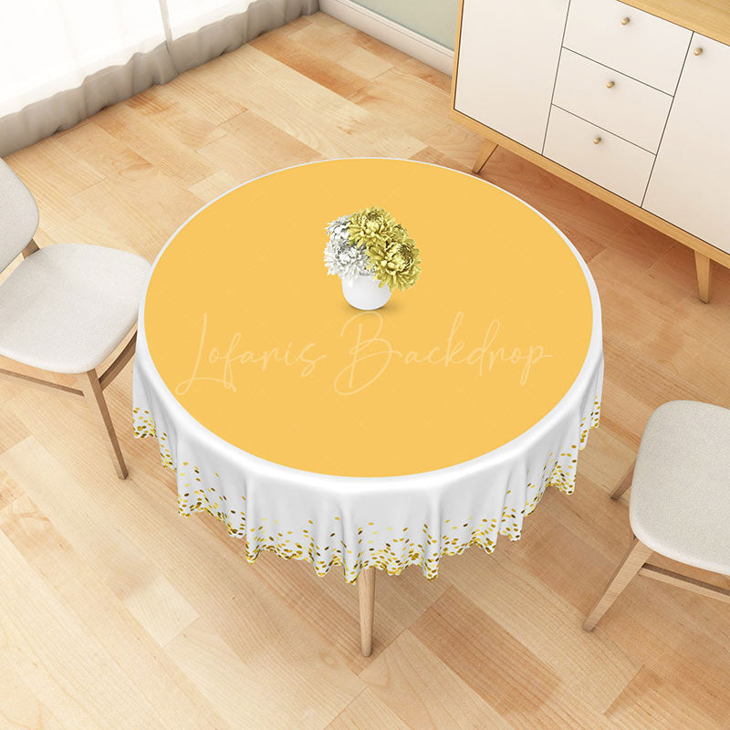 Lofaris Yellow and Gold Polka Dot Round Tablecloth on White for Cheerful Summer Birthday Party Decor